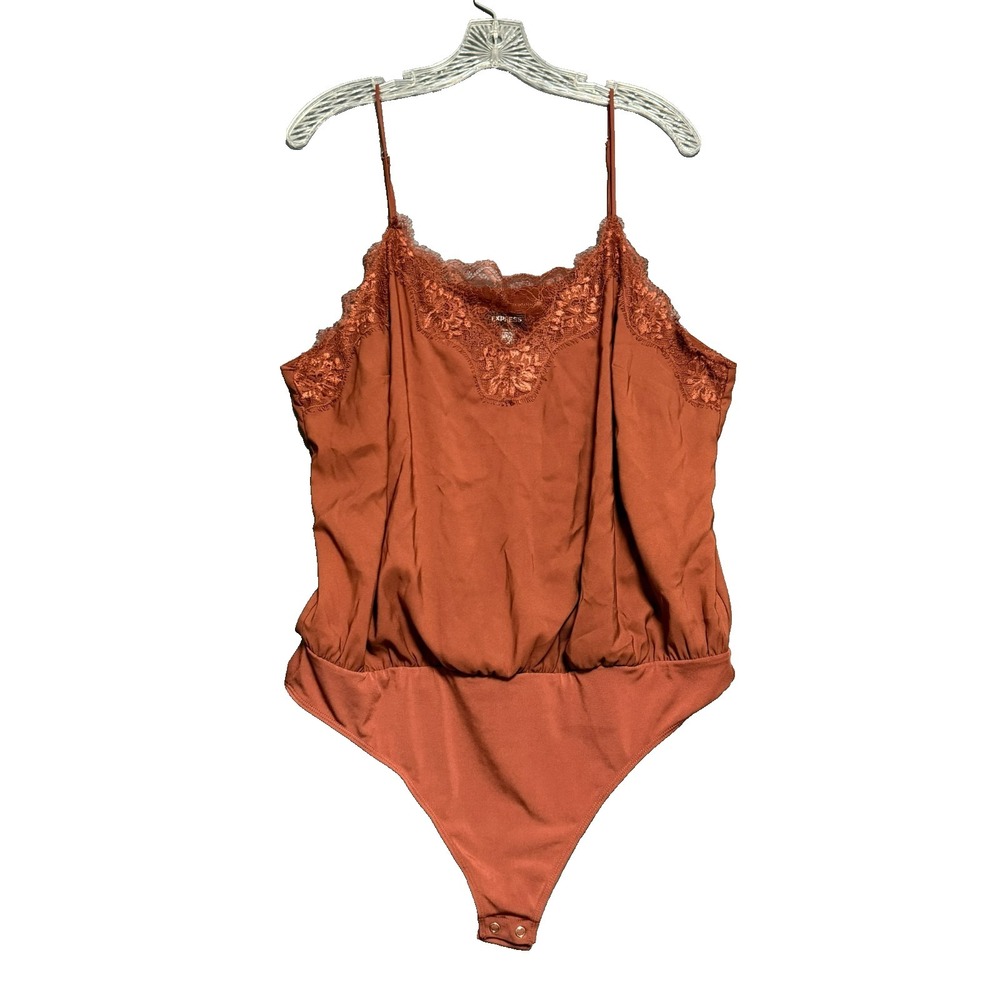 Express Bodysuit XL Terracotta Lace Trim Cami V-Neck Boho Romantic Boudoir Chic